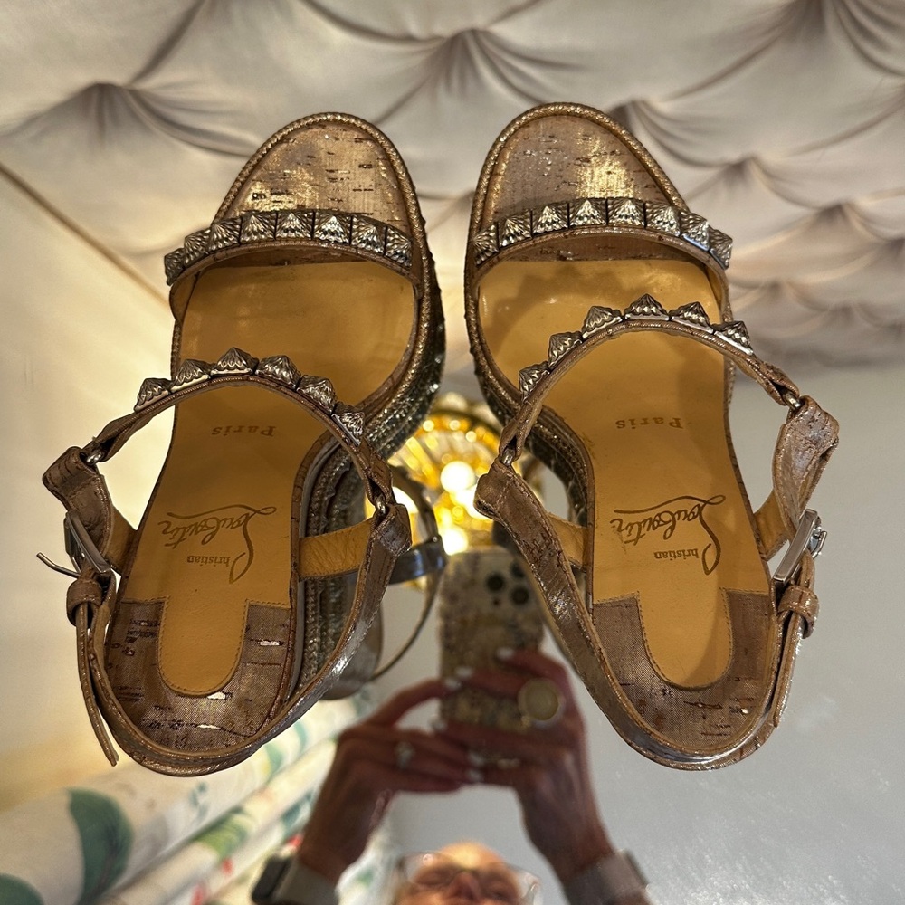 Christian Louboutin Silver Wedge Espadrilles PYRADIAMS 110 LIEGE PEPITE - Size 6